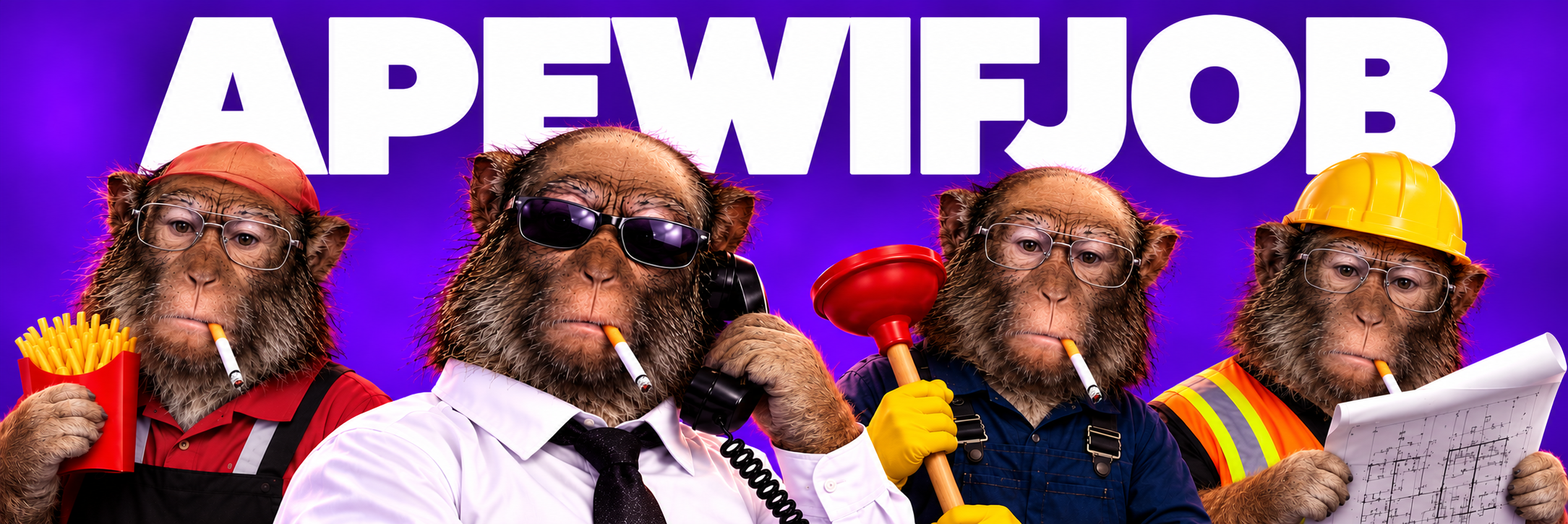 Ape wif job meme banner featuring four working apes